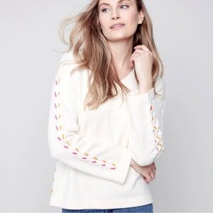 White Sweater with Colorful Sleeve Accents